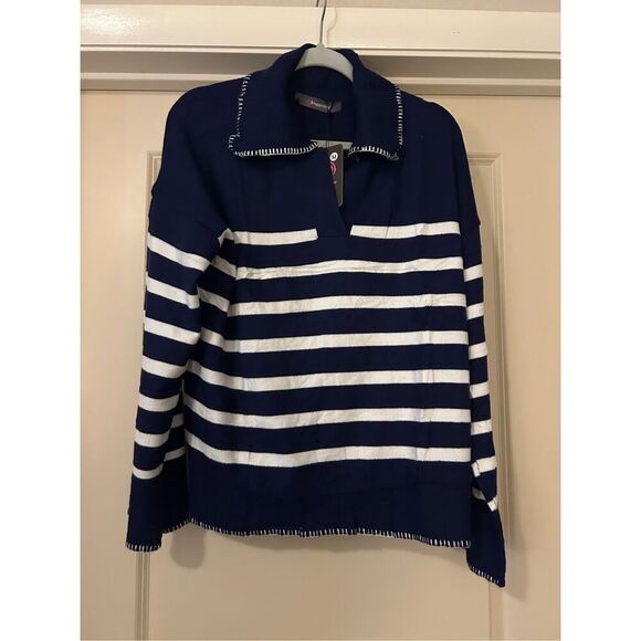 NEW Blue V Neck Striped Oversized Collared Chunky Knit Pullover Sweater m - Picture 3 of 7